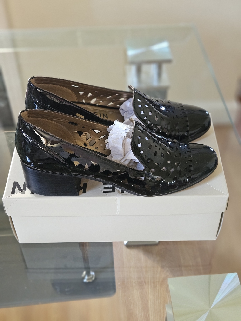 Anne Klein Black Patent Leather Cutout Loafers